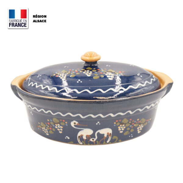 Terrine à Baeckeoffe 8 - 10 personnes Bleue décor Cigogne Raisin